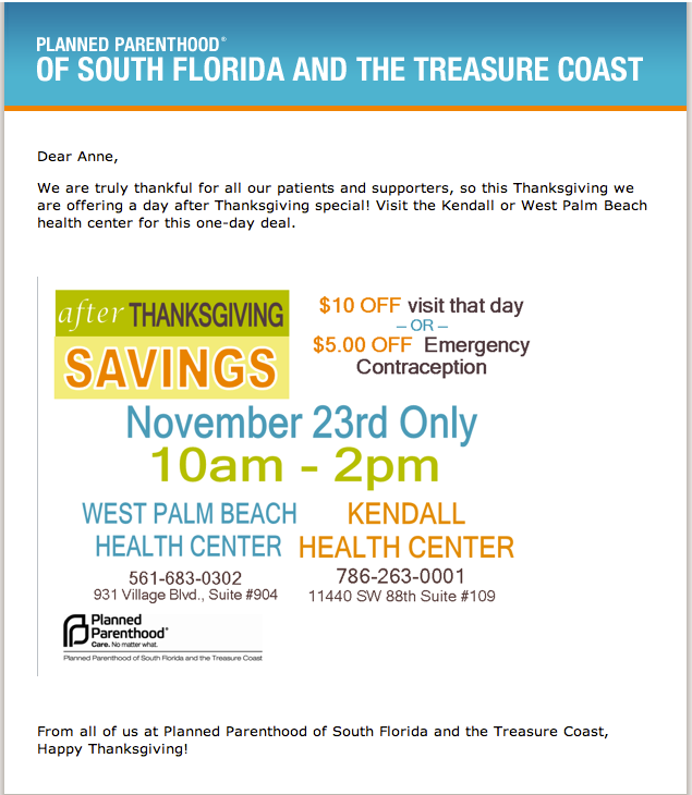 Planned Parenthood Black Friday special